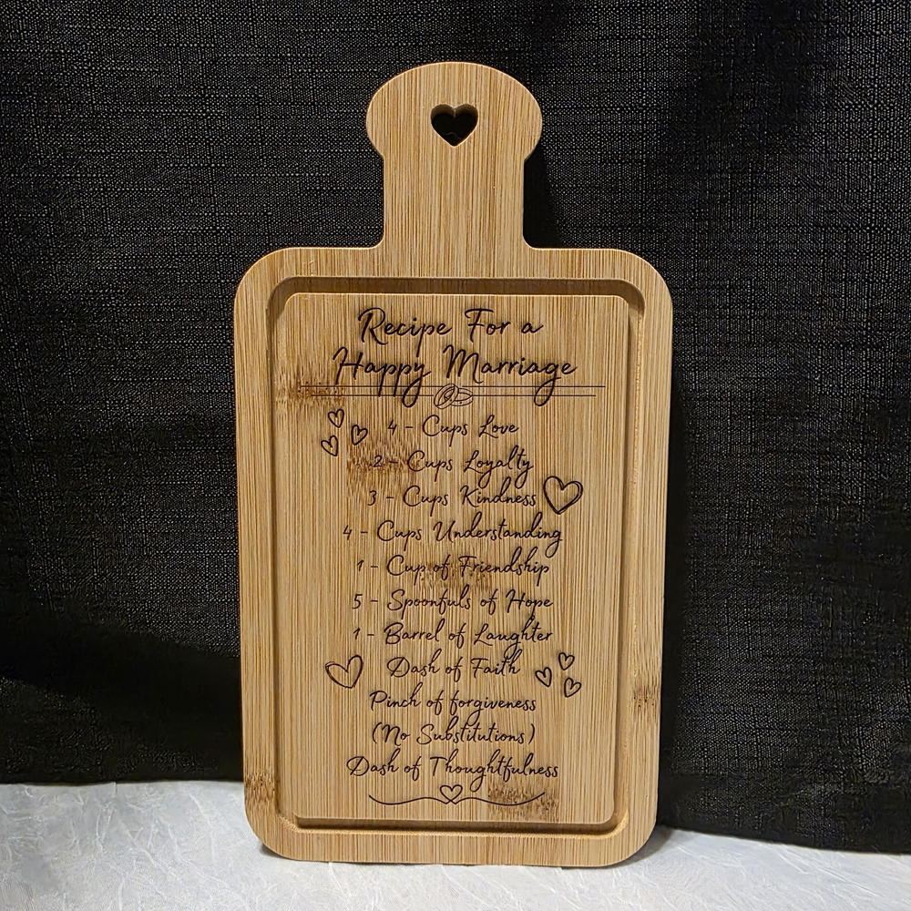Recipe For A Happy Marriage Engraved Bamboo Cutting Board with Heart Design